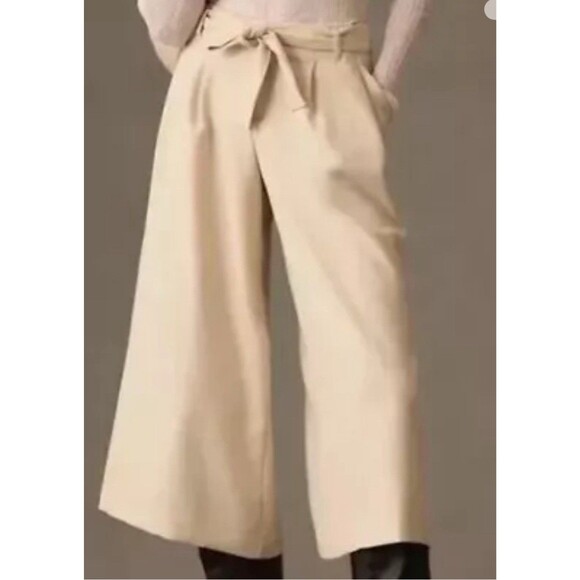 Anthropologie Maeve Tan Culottes Cropped Wide Leg Pants Womens 8 Belted Stretchy - Picture 2 of 14